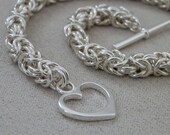 Bracelet, Sterling Silver Chainmaille, Classic Byzantine Weave with Heart Toggle Clasp, Handmade by Lace Metal on Etsy