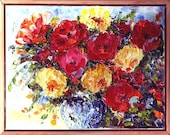 Old fashioned Roses, Home, Dining, Kitchen Decor, Original  Framed Textured  Oil Painting by ebsq Artist Ricky Martin  FREE SHIPPING
