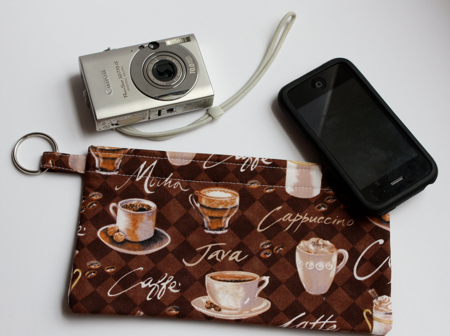 Pencil, Camera, Electronics, Makeup, Coupons, Phone pouch with split key ring coffee mocha cappuccino java latte caffe