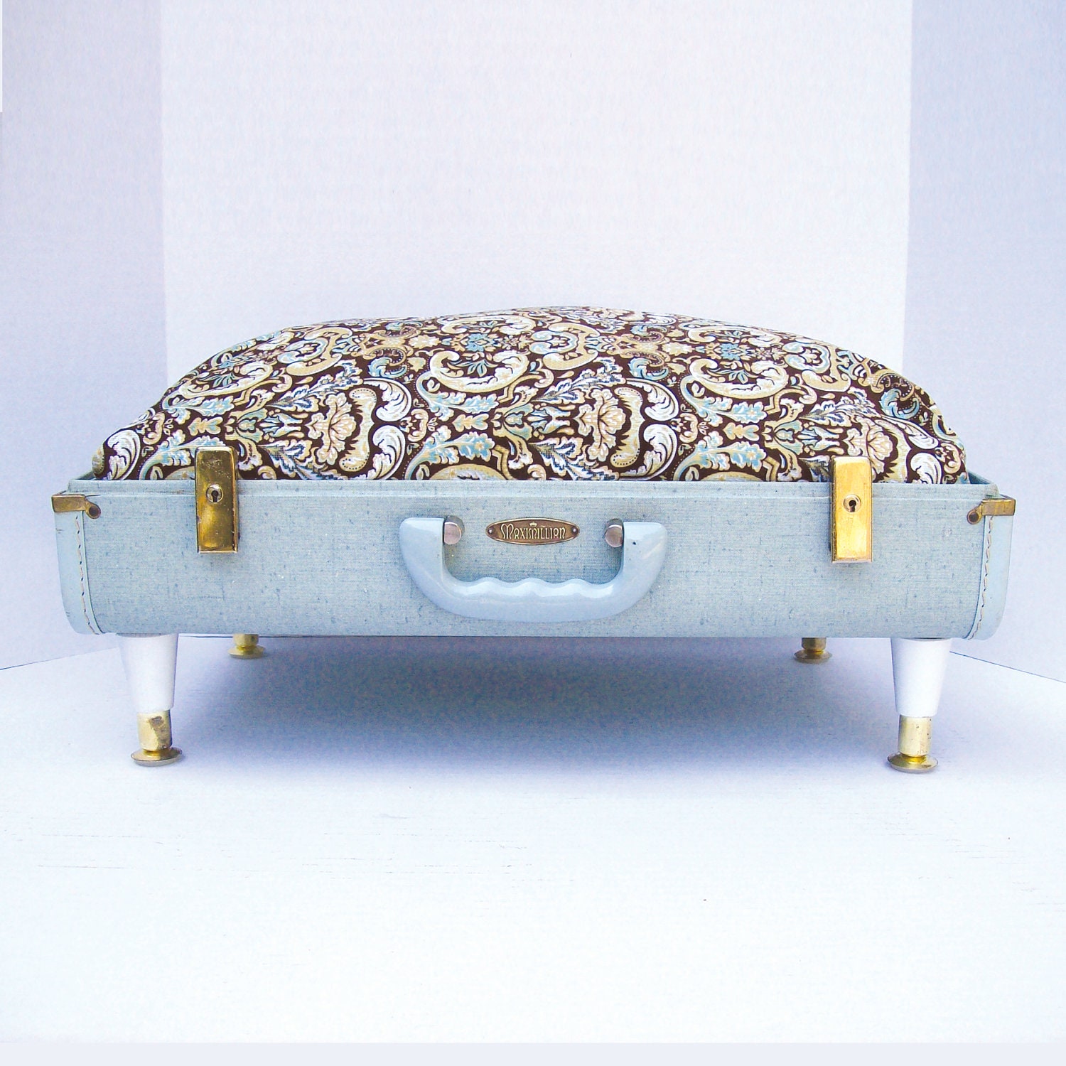 Pet Bed from Vintage 40s Suitcase - Light Blue with Cordoroy Fabric and White Legs