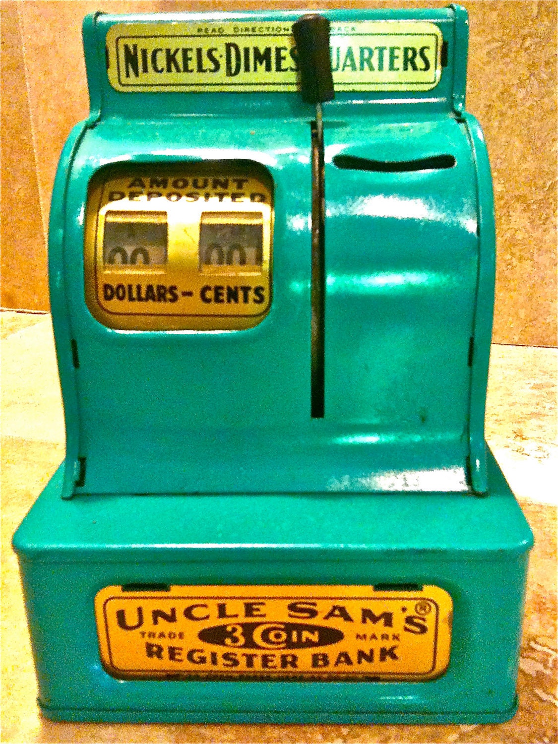 Uncle Sam's vintage 3 coin  paper bills children's toy register bank 1950's MCM industrial mint green metal - Hanahouhale