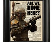 BOBA FETT Star Wars ESB Original Art Print Poster Illustration Mixed Media on Vintage Upcycled Antique English Dictionary Book Page 8x10