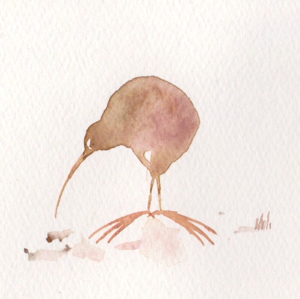 Sale - Buy 2 Get 1 Free Children Art Original Painting Watercolor 4x4 Illustration Bird Kiwi Decor Spring Nursey  Kids Wall Brown Grey