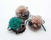Fabric flower brooch, circle cluster pin, crochet with fabric buttons - turquoise, brown, beige - OOAK