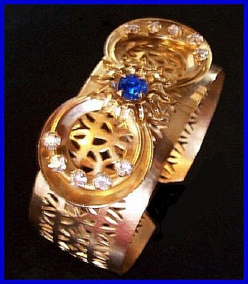 Vintage Bracelet Cuff Style Blue Rhinestone Gold Metal Filigree Ribbon Design 1" VG