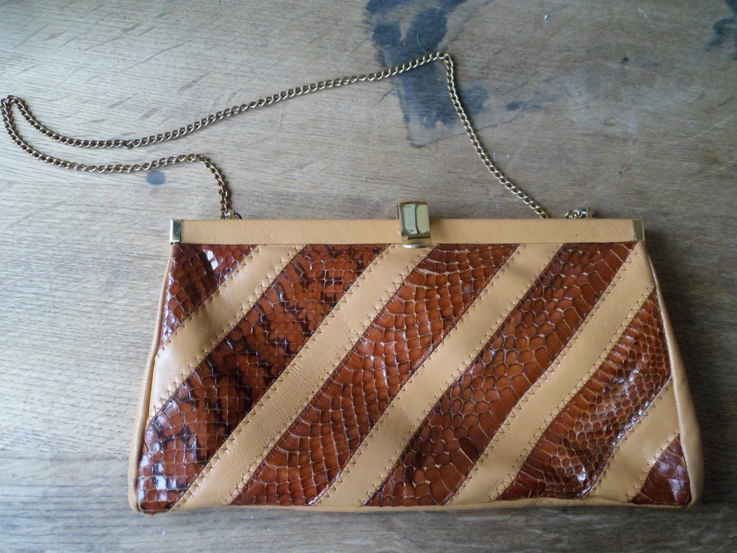 Vintage 1970's Tan Leather and Snakeskin Bag