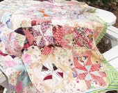 Pinwheel Quilt Fabric Handpieced - Pastel Floral Stripes Feedsack Feed Sack - Shabby Cottage Farmhouse Chic - 1940's 50's - PRETTY