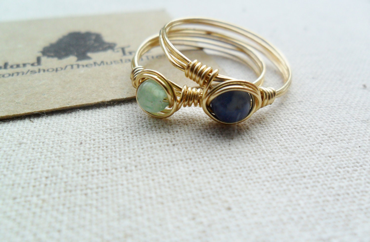 Small thin gold band green aventurine and blue sodalite gemstone stacking ring