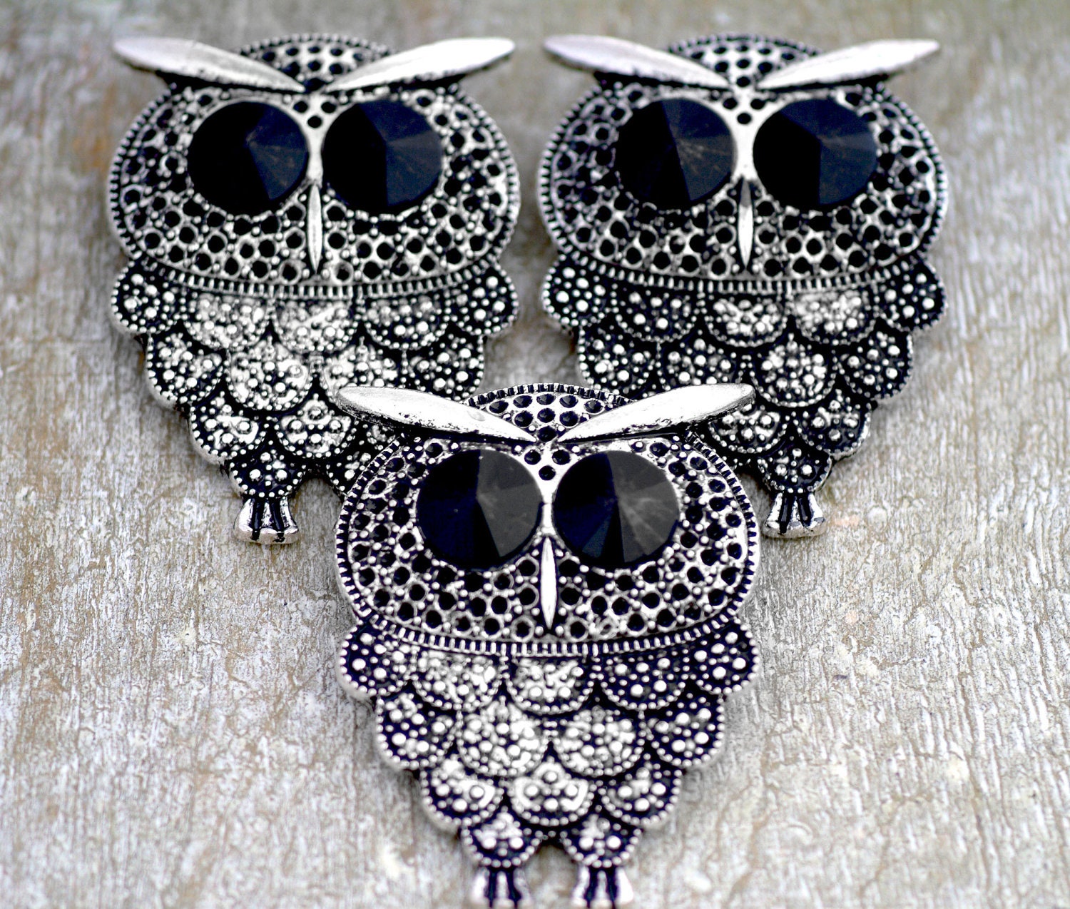 1 Crazy Big Eyed Owl Vintage Silver Pendant With Crystal Eyes 3 inches hole backside LAST ONE