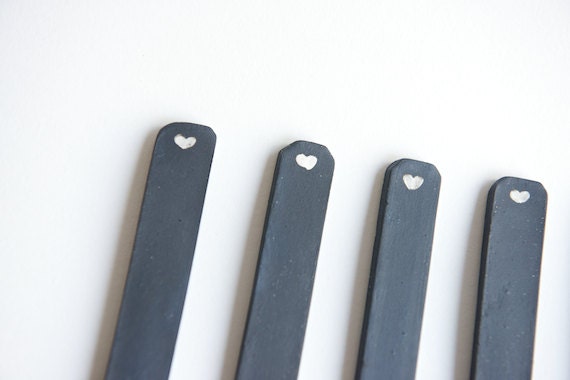 Chalkboard Garden Markers Herb Stakes SET OF 3- Black Stoneware by RossLab, white heart garden decor