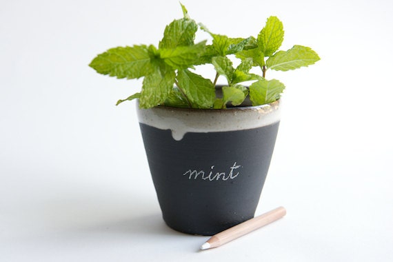 Black and White Ceramic Planter- garden decor, herb label by RossLab