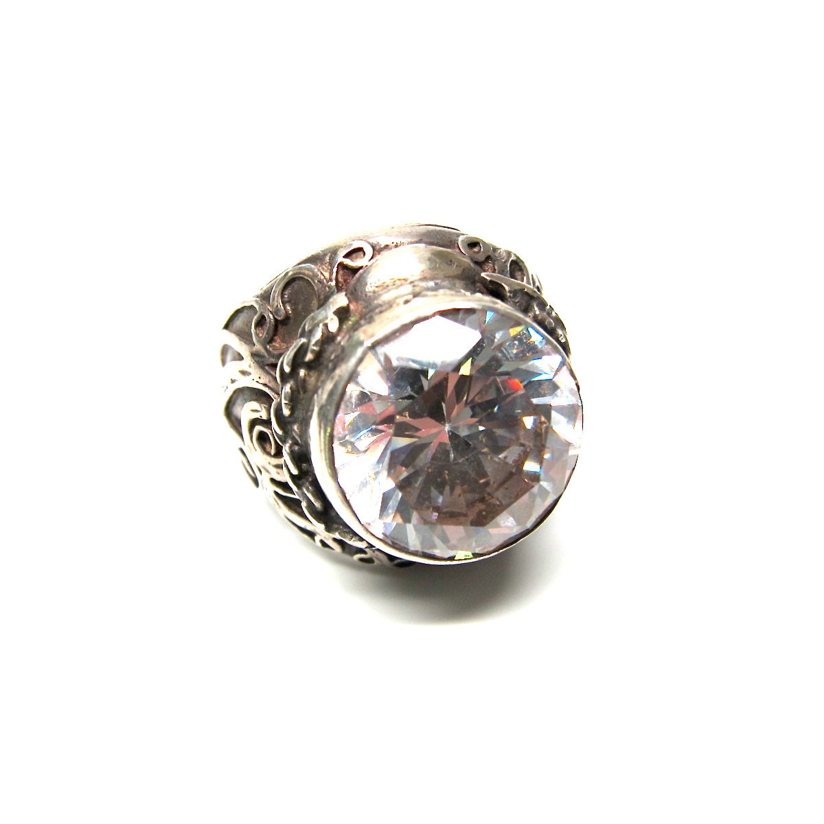 Faux Diamond Ring Silver VIntage Cut Glass Gem Large Ring