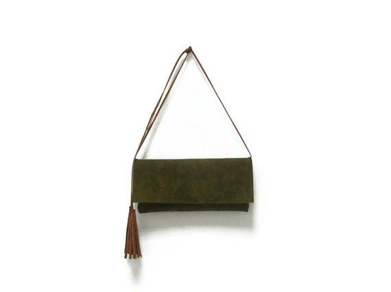 Olive Green Suede Clutch with Tassels