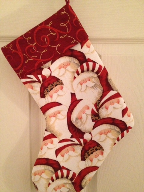 Christmas Stocking Santa Faces Red White Gold 100% Cotton Christmas Decorations