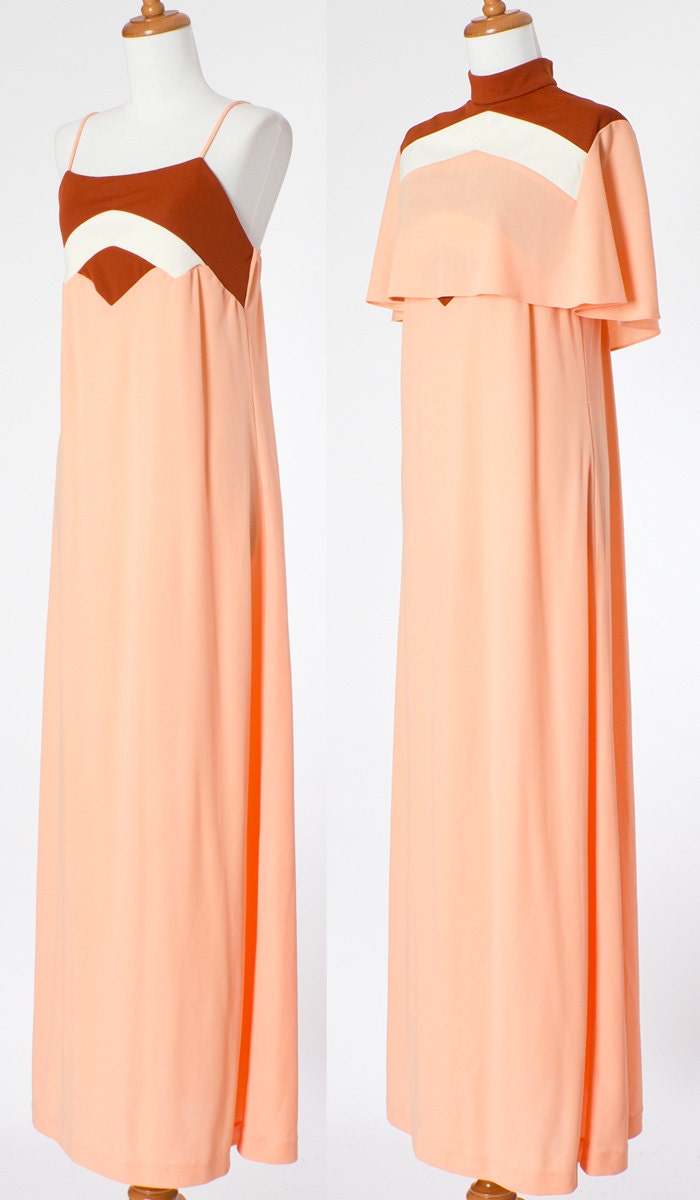 70s Vintage Dress Maxi Dress Formal Pink Coral Cape Small Medium