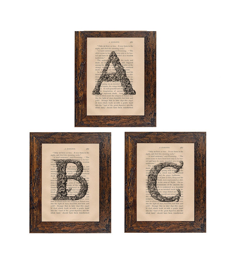 Set of 3 Vintage ABC Childs Room Prints on Unframed Upcycled Bookpages Also in Color