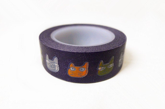 Washi Tape - Black Background Cartoon Cats Pattern (10m)