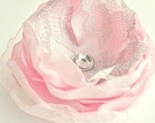Pink and Grey Bridal Flower Hair Clip, Peony Fascinator, Wedding Accessories, Pale Soft Pink Satin Organza Lace, Pink Gray