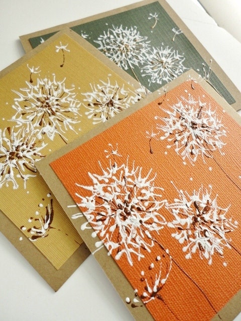 Dandelion Art Greeting Cards Set, Original Artwork Fall Colors, Autumn, Kraft, Blank Stationary, Dandelions