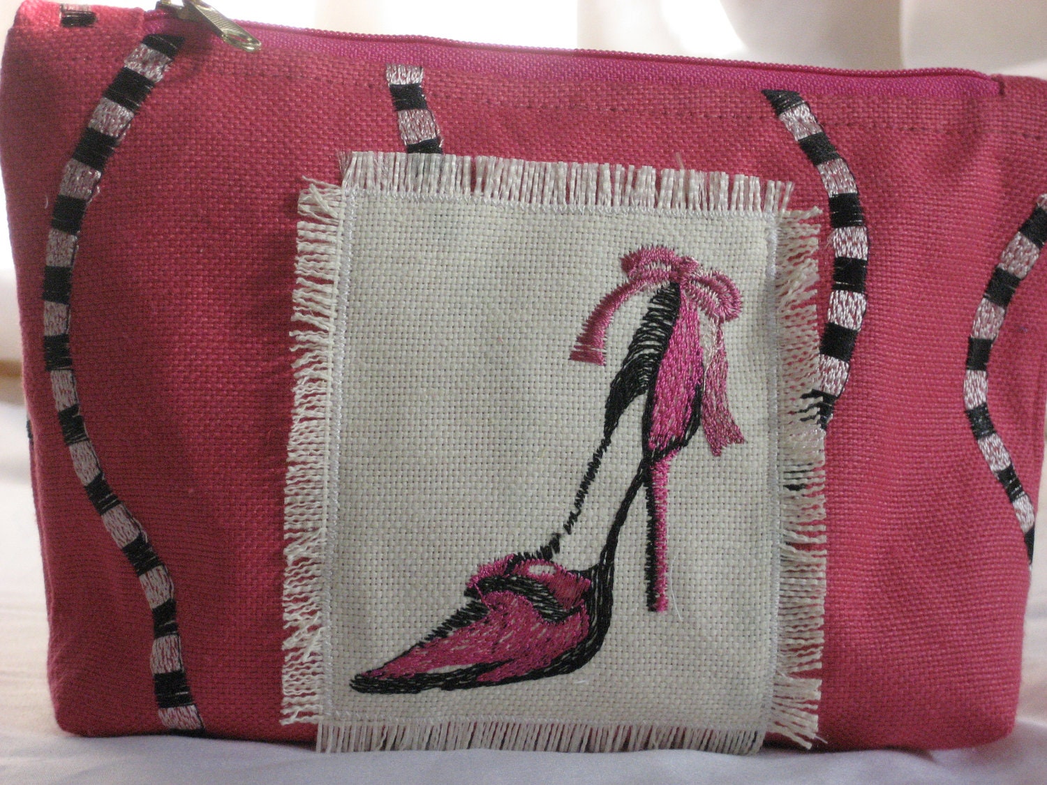 Hot Pink Embroidered Linen Cosmetic Bag High Heel Shoes