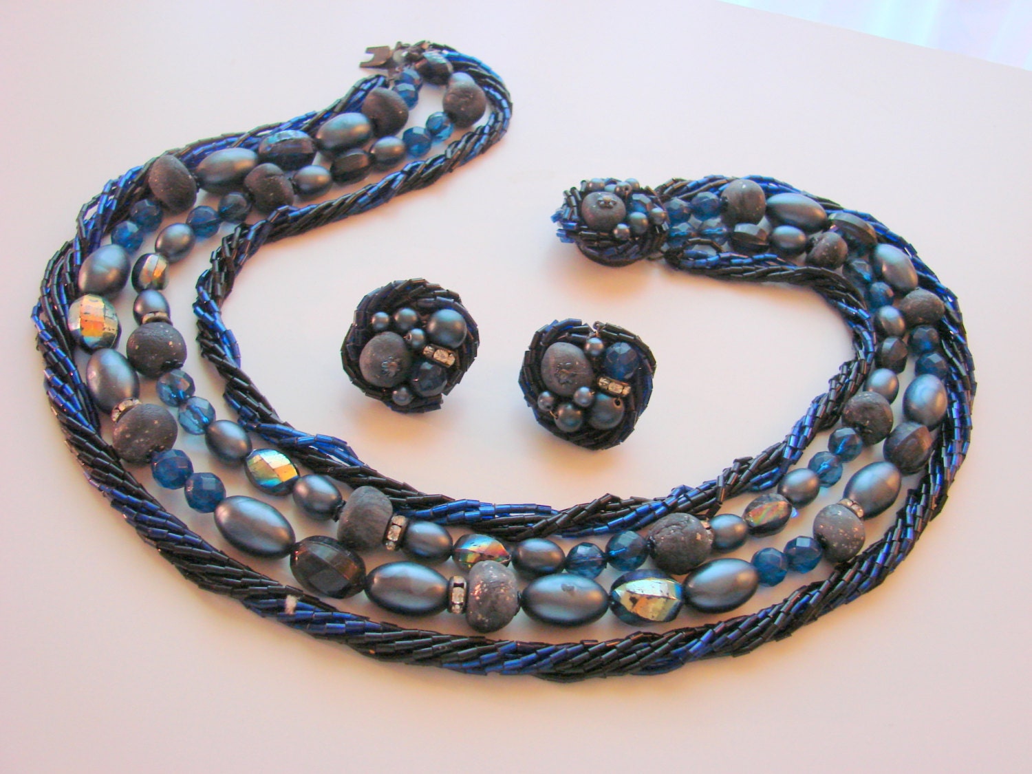 50s Vintage Navy Blue Bib Necklace & Matching Earrings