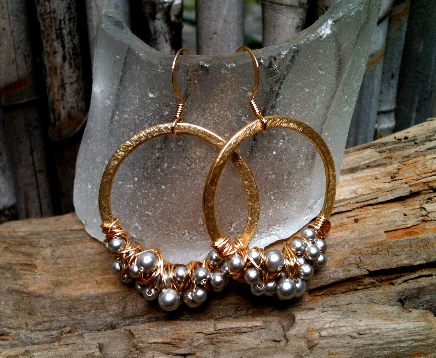 Robyn Earrings / Gold Hoops Wrapped in Swarovski Pearls