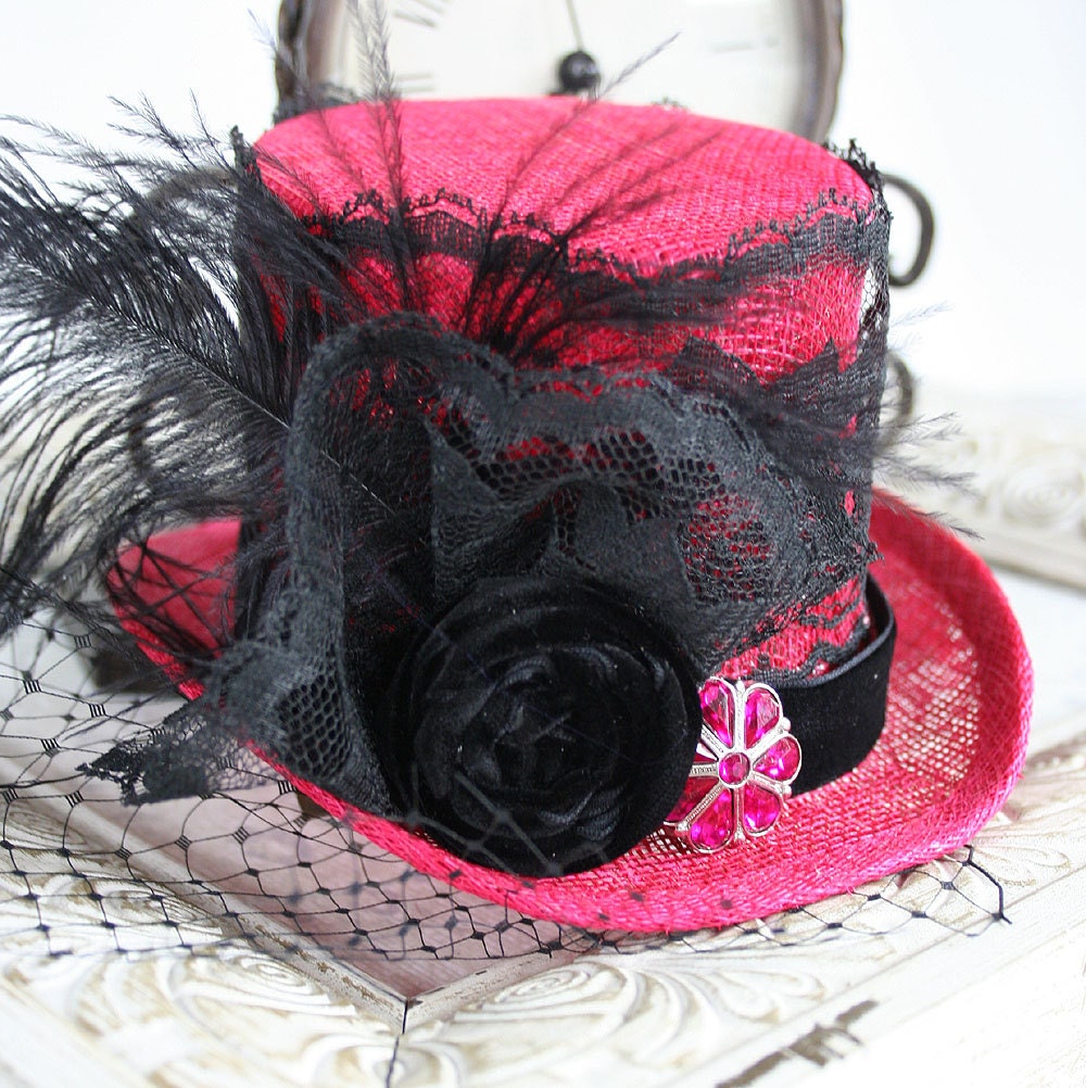 SCARLET Victorian inspired mini top hat, Madhatter tea party hat, steampunk wedding hat, great vintage photo prop