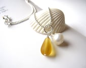 Yellow Sea glass Bridesmaids Necklace for Fall Wedding OR Beach Theme Wedding - Mermaid Bridesmaids seaglass & pearl pendants