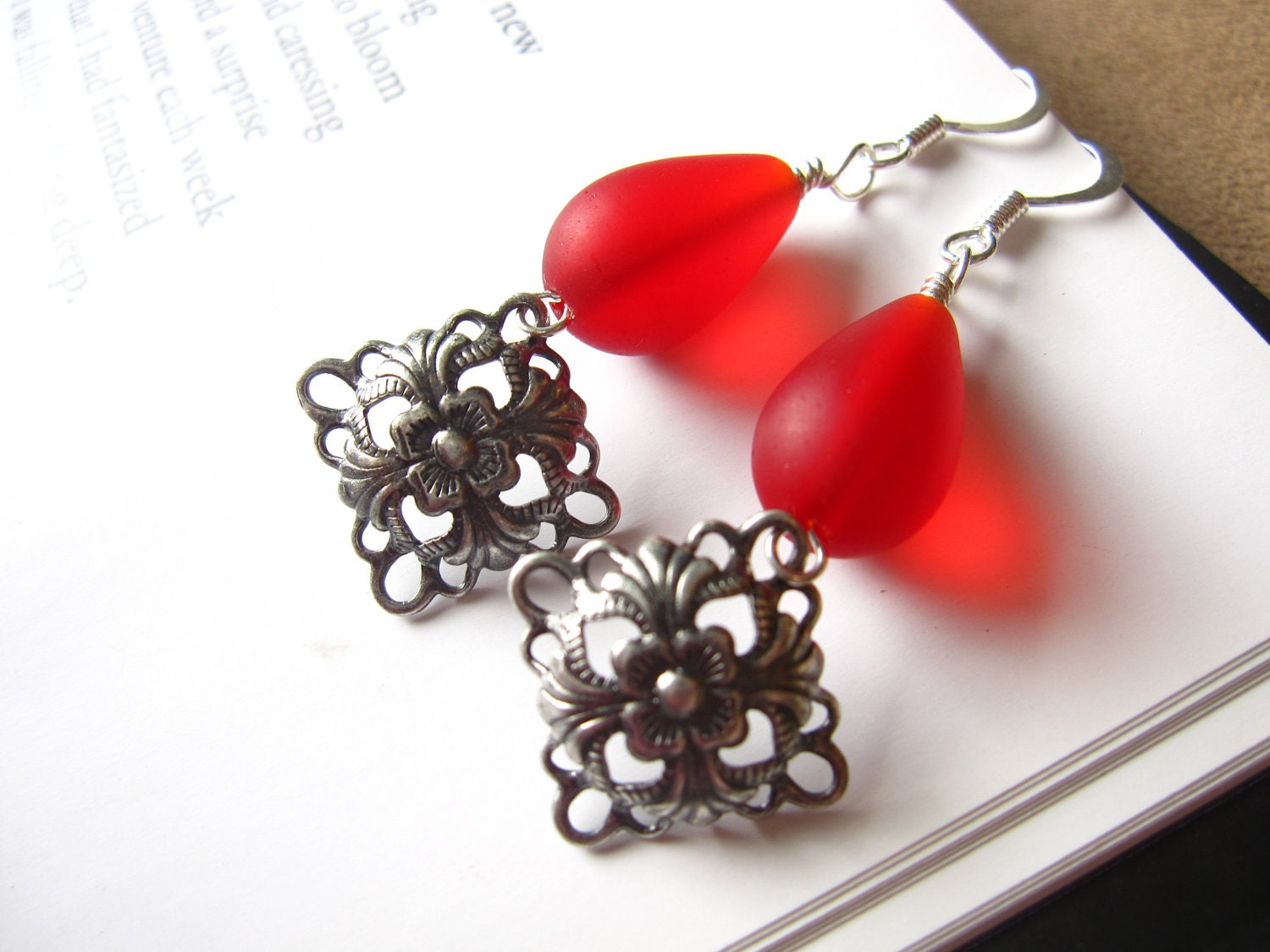 Red seaglass earrings with Antiqued Silver plated diamond shape dangles