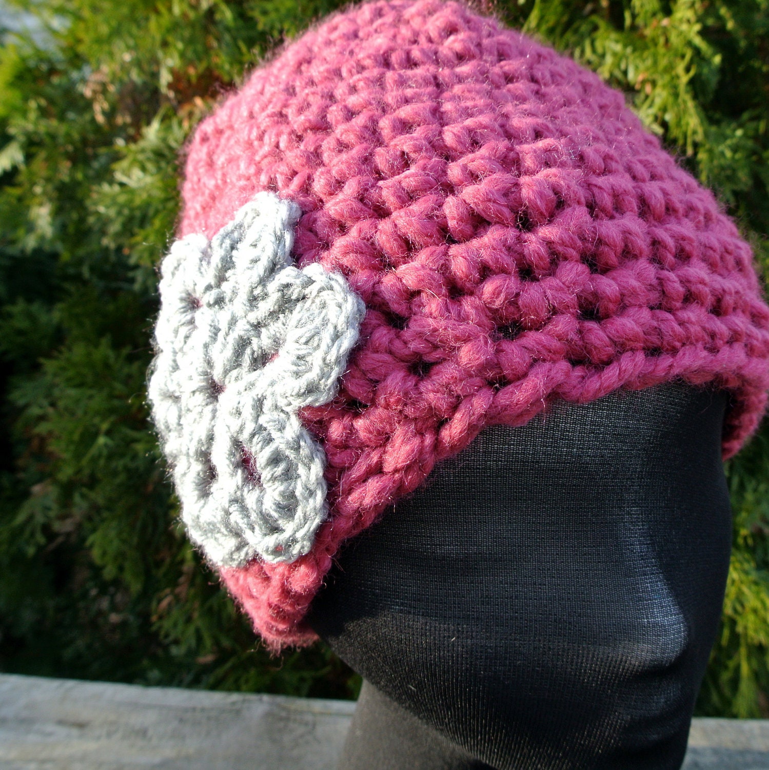 SALE Black Friday/Cyber Monday-Crochet Hat in Raspberry Pink with Grey Flower - KnitMomWi