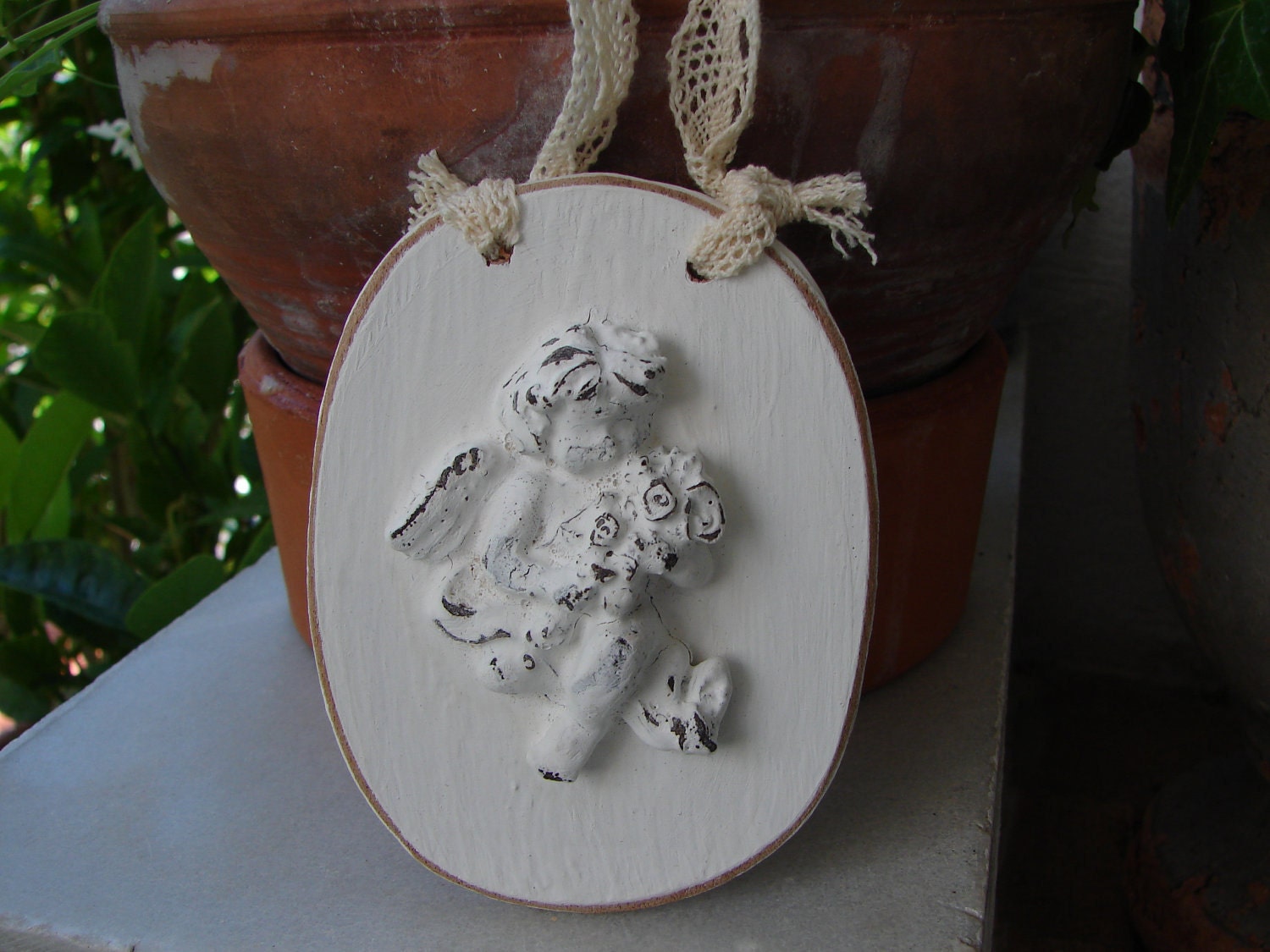 French Shabby Chic,wooden cherubs oval tag,room decoration/door hanger with vintage lace.