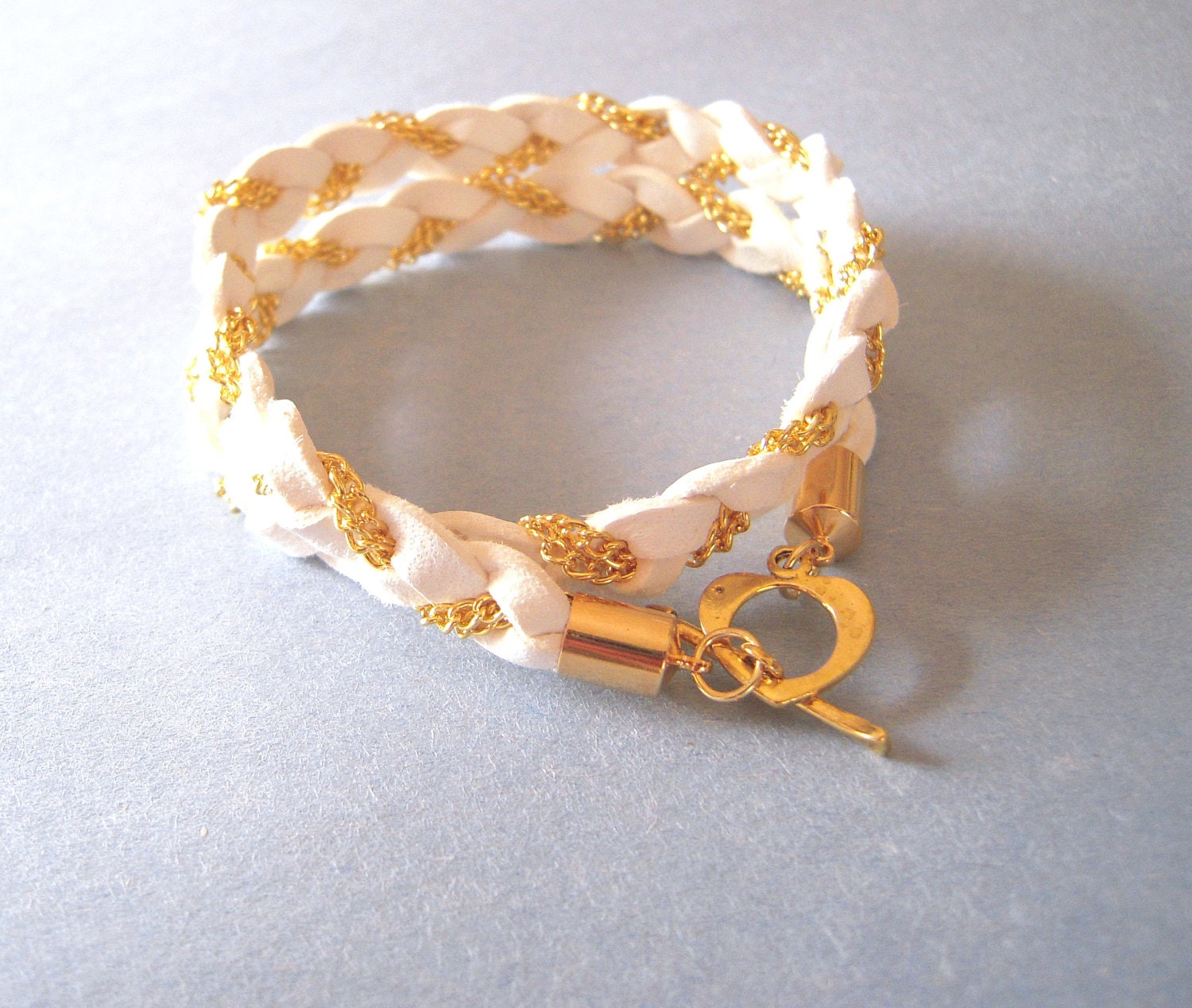 White Deer Skin Suede Wrap Bracelet - White and Gold Chain Woven Bracelet