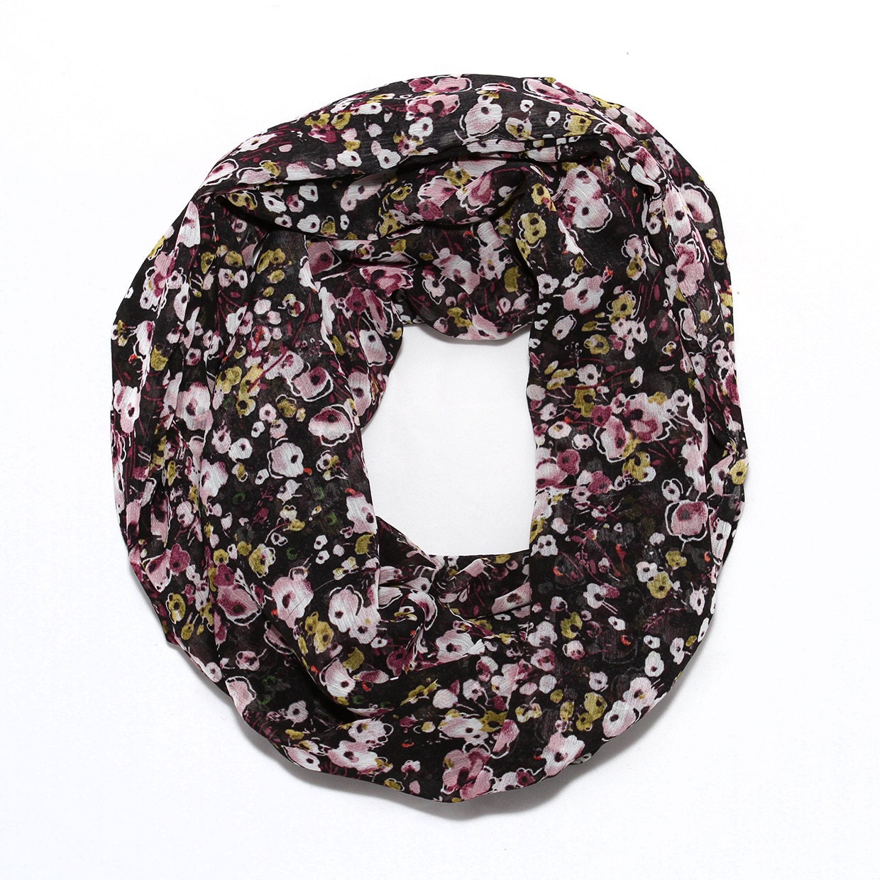 Black Floral Infinity Scarf - Black and Plum Chiffon - SALE