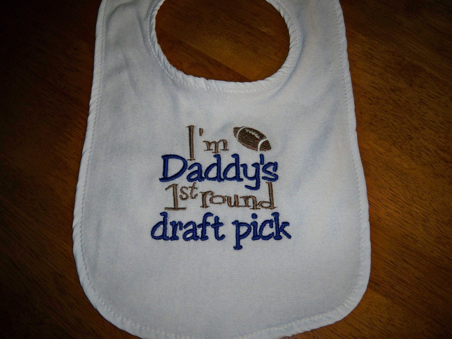 Football Bib - I'm Daddy's 1st Round Draft Pick - Baby Bib - Baby Boy Bib Navy and Brown - Baby Boy Football - Daddys First Round Draft Pick