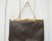 Vintage Brown Clutch with Gold Chain 70's Chocolate Brown Clutch Purse Vegan