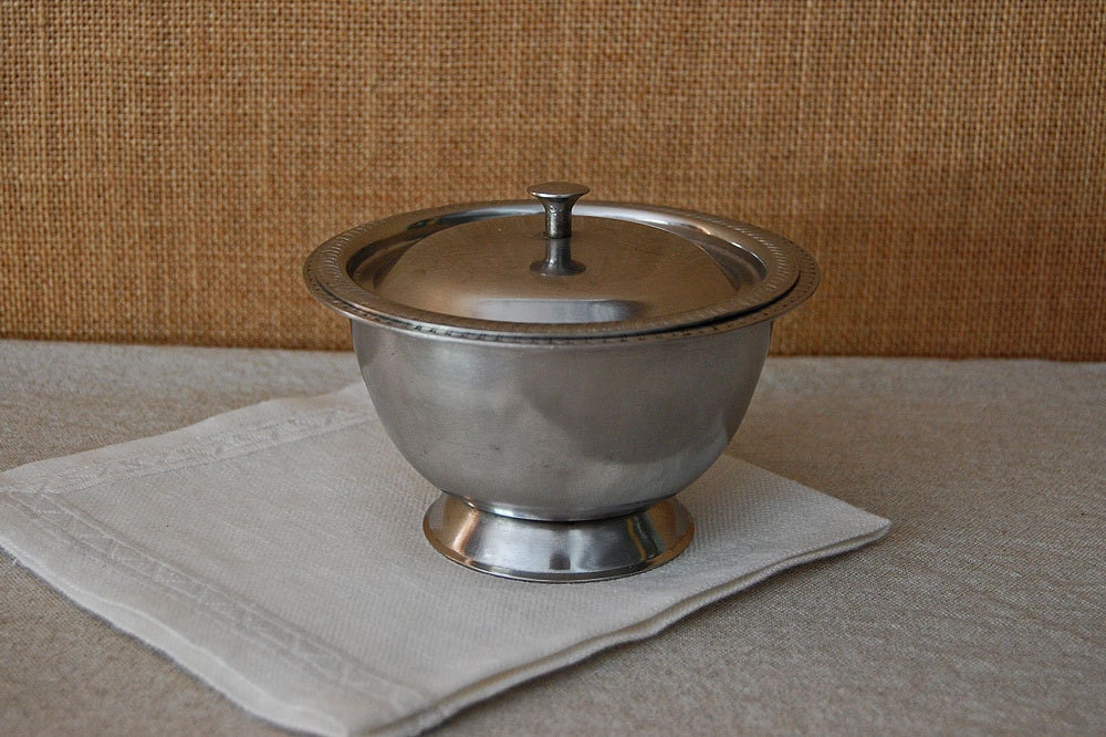 vintage pewter footed bowl with lid and rope edging