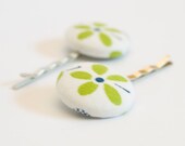 Fabric Button Pair of Bobby Pins, Green Flower, Hair Accessory, for Toddler, Girl, Teen and Adult