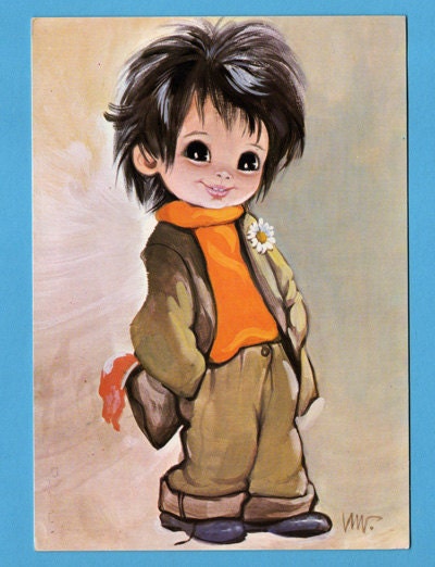 Vintage big eye boy doll postcard from the 70's.