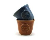 Mustache Cups, Two Blue and Brown Ceramic Cups for Rum or Juice, Fathers Day Gift Set, Unique Pottery Gifts for Men, Best Man Gift