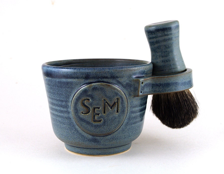 Personalized Shaving Set: Black Badger Shave Brush, Shave Mug with Monogram or Initials and Shave Soap, Gift for Men, Best Man, Groomsmen