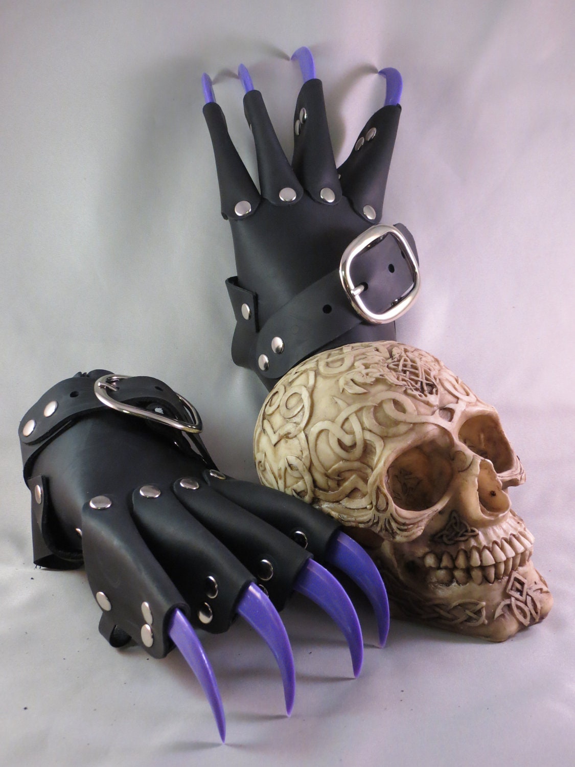 Black Leather Gothic Steampunk Purple Claw Gauntlets / Gloves
