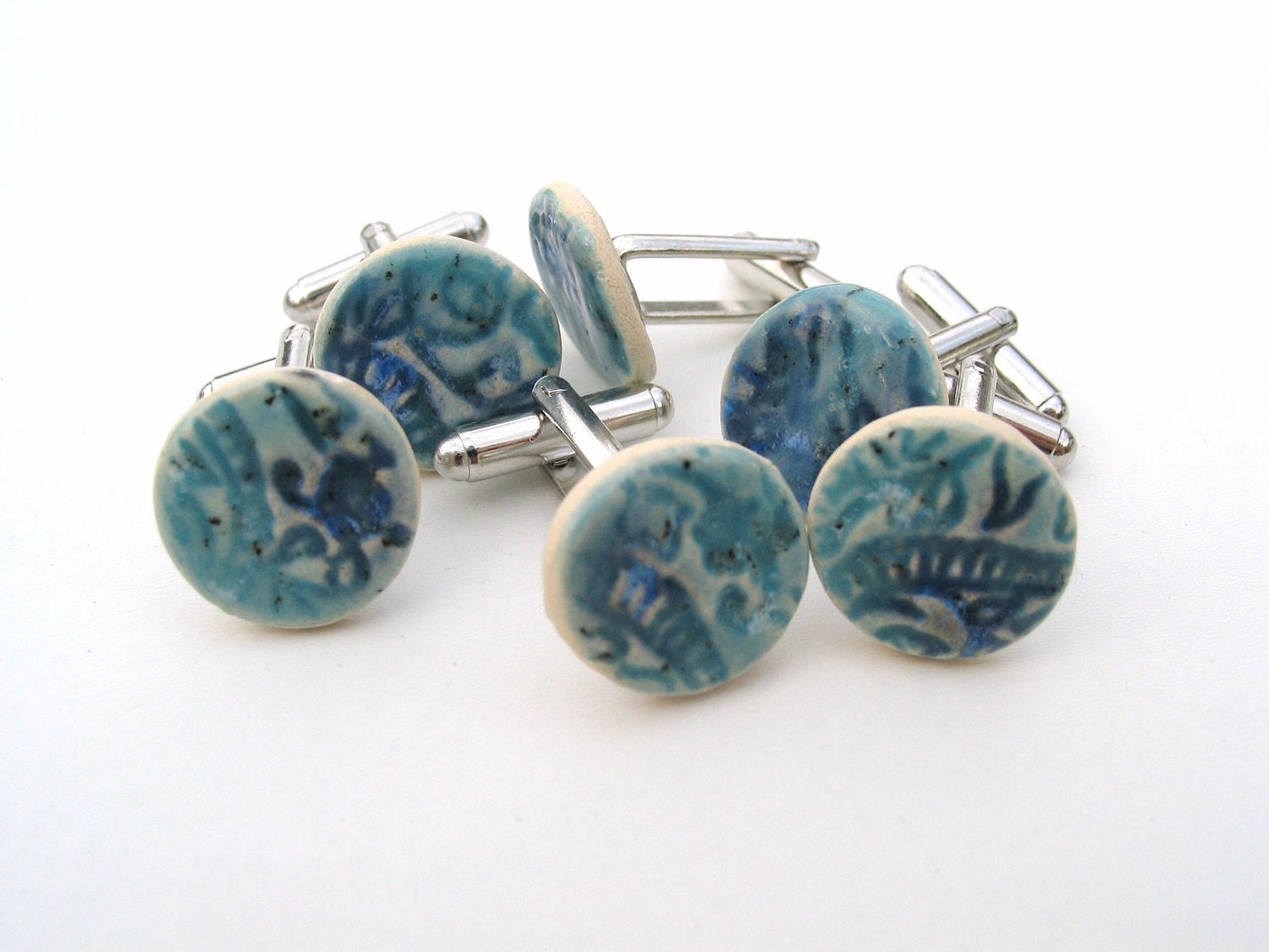 Cufflinks, blue turquoise ceramic, stamped with Indian wood block, man, men, unique - damsontreepottery