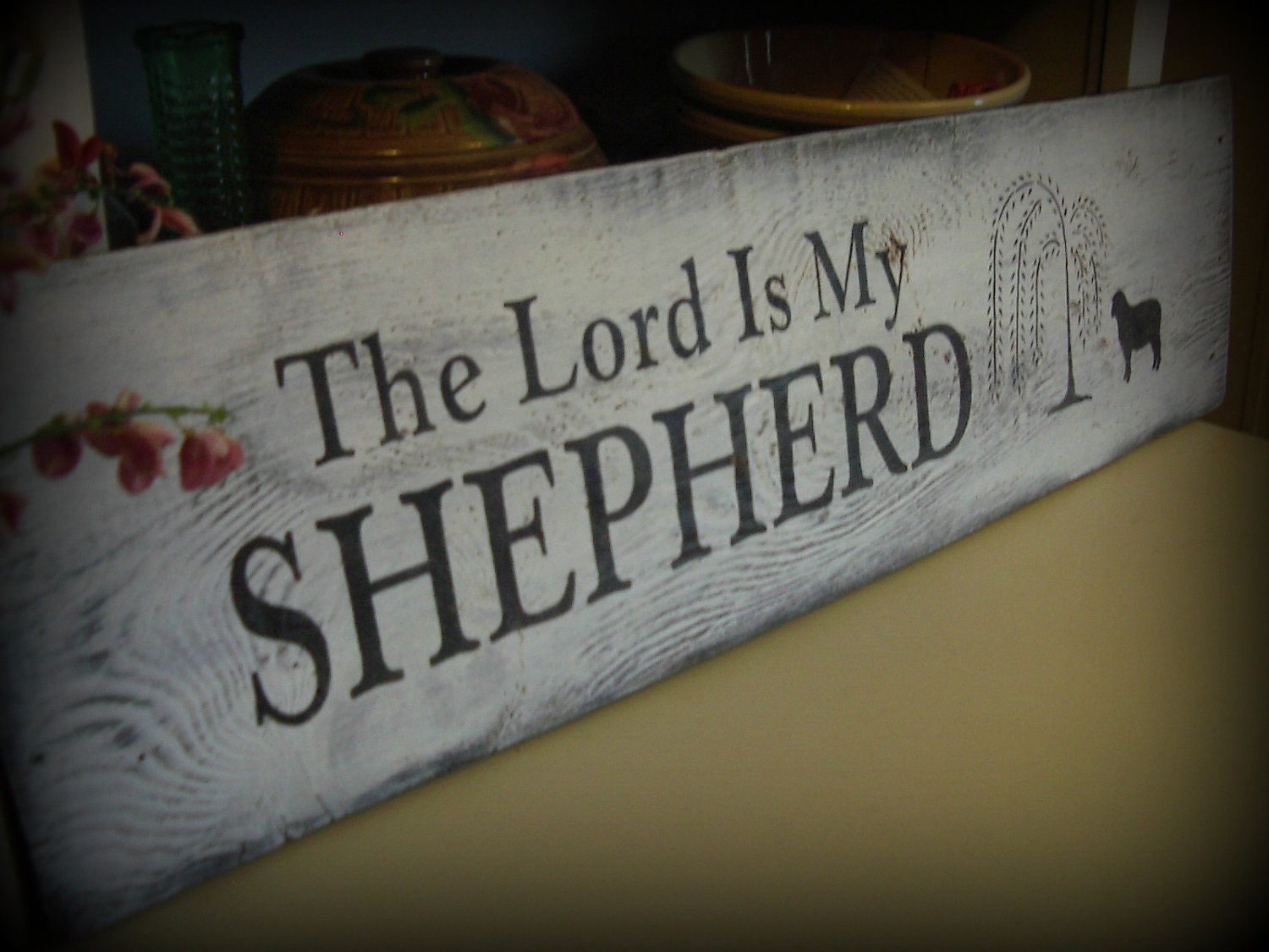 Large, Primitive "The Lord is my Shepherd" HP barn wood sign. Willow tree, sheep. Black/White, Shabby, Cottage Chic.