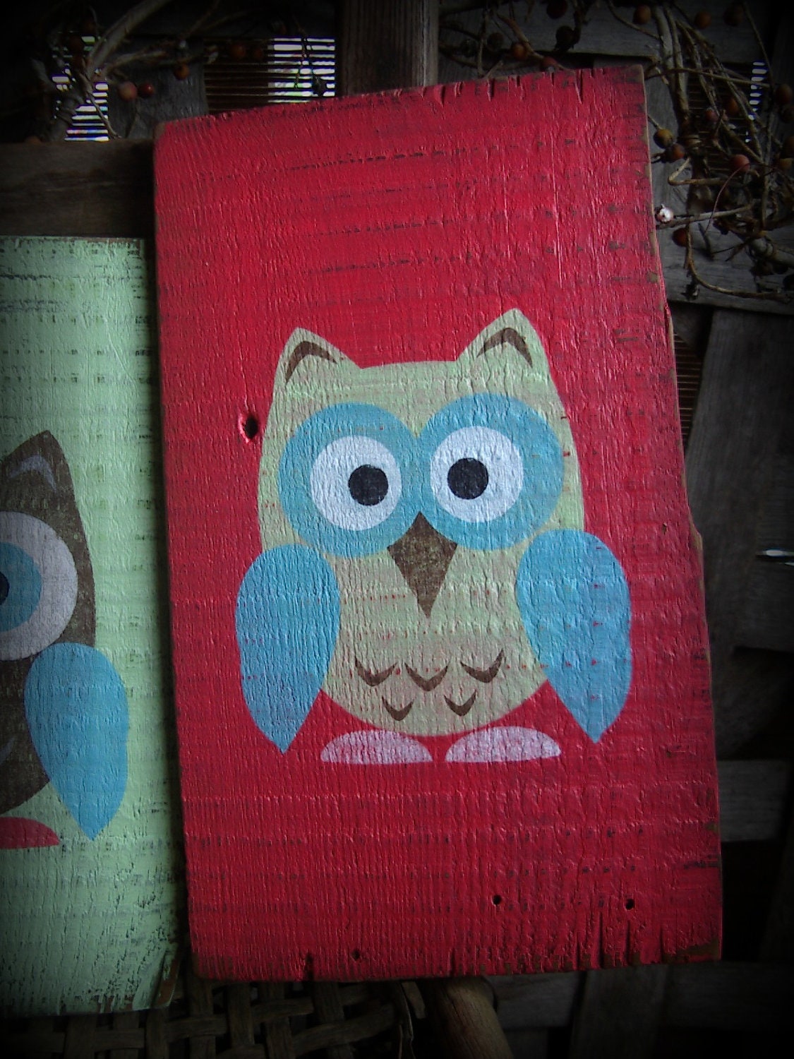 Rustic HOOT OWL trio of hand painted, barn wood sign's. Nursery, Shower gift, Turquoise blue, Lime green, Strawberry Red, Brown.