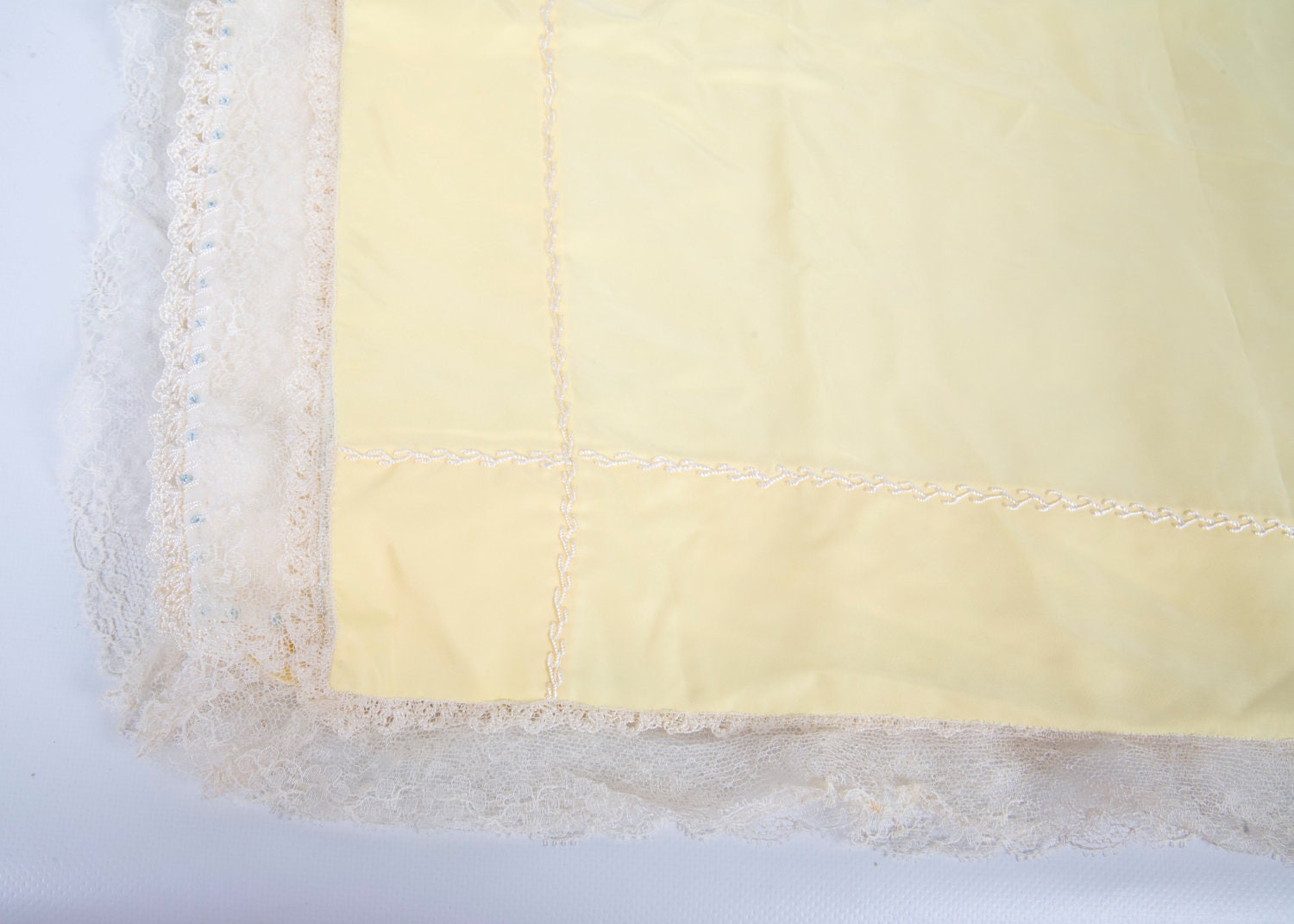 Vintage Carriage Blanket Yellow Baby Blanket 1940s Baby Blanket Hand Crochet Lace Satin Blanket Flannel Christening Blanket
