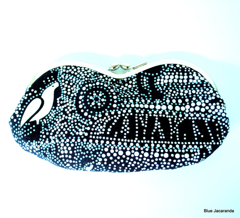 Sunglass or Eyeglass Case - Mother's Day Gift - Australian Aboriginal print in Black, White and Grey- White lining - Silver kiss lock frame