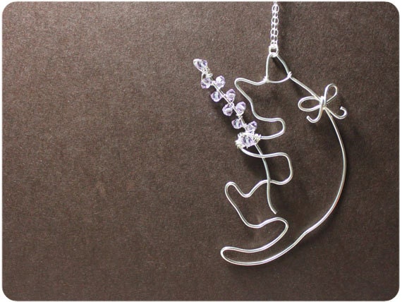 Cat and Lavender - Sterling Silver Pendant Necklace w/ Crystal beads, cat necklace