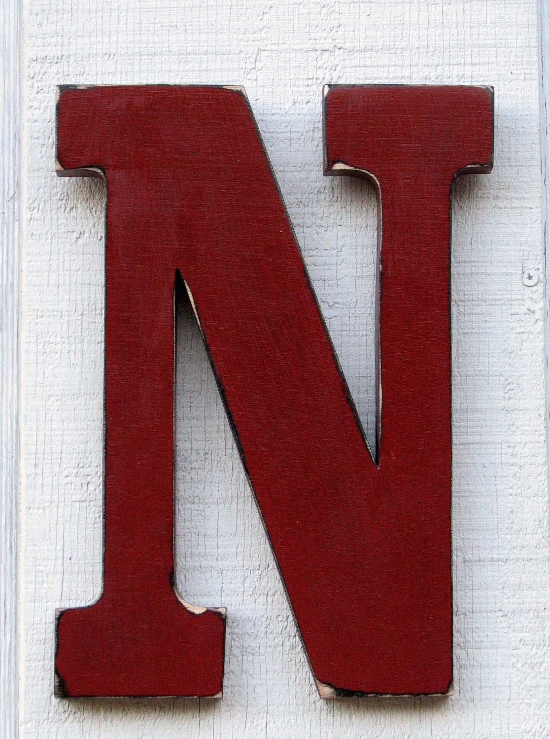 Large Wooden Letter "N" 12 inch Tall Distressed in Rust Red Rustic Shabby Chic Custom Made Solid Wood You Pick Letter and Color