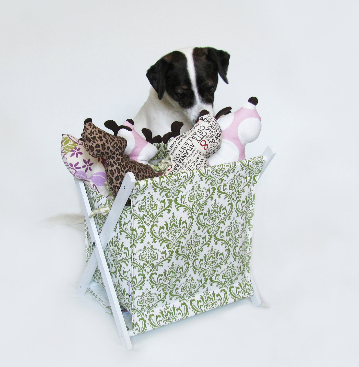 Green & White Damask Pet Toy Hamper with frame