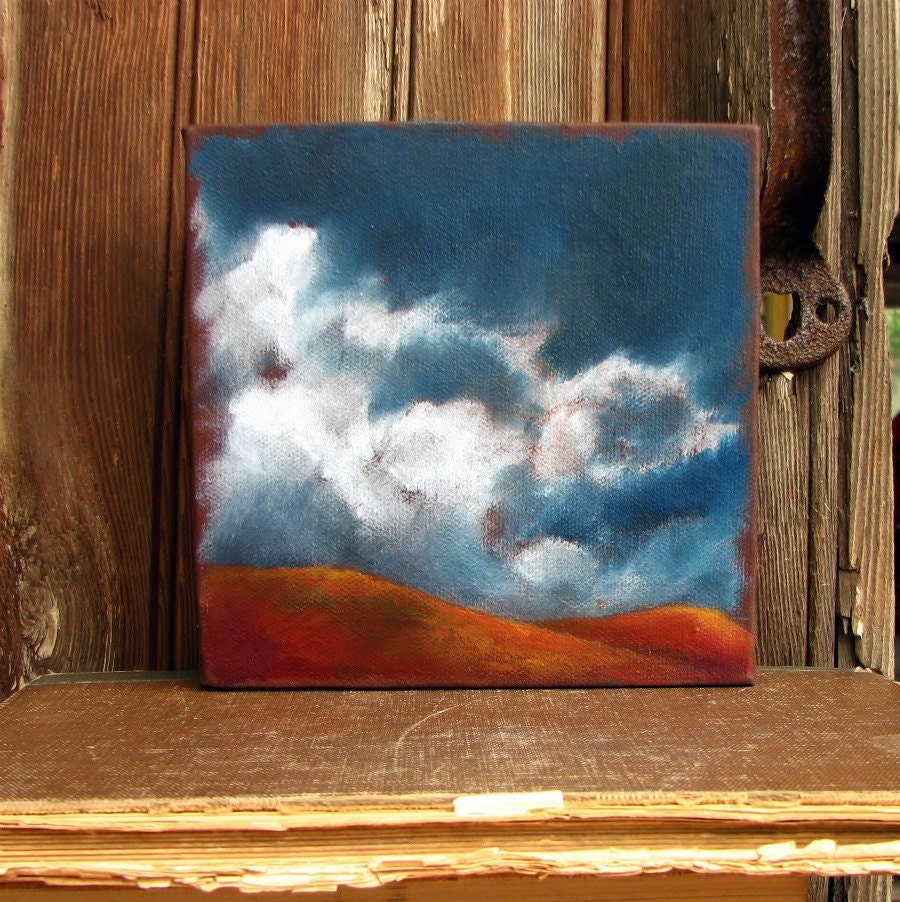 Original oil painting  rust red hills landscape thunderstorm clouds - Stormscape series eighteen